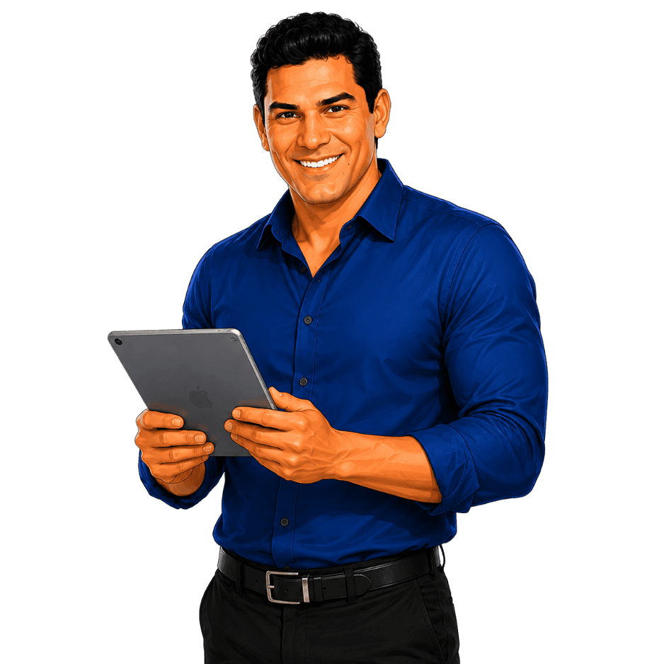 Ismael holding a tablet and smiling at the camera