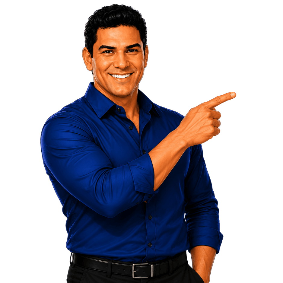 Ismael smiling and pointing to his left