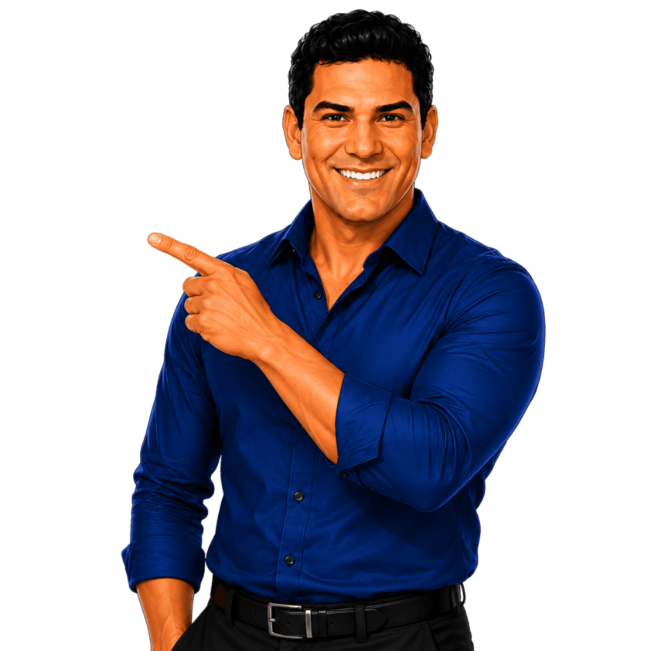 Ismael smiling and pointing to his right